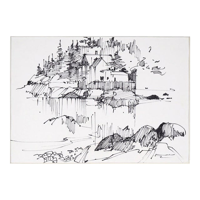 House Across the Lake - Line Drawing Landscape in Ink on Paper by Laurence Sisson For Sale