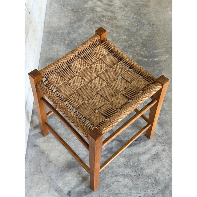 1970s Oak Stool With Woven Cord Seat Rustic Scandinavian Vintage Mid-Century Modern 1970s For Sale - Image 5 of 10