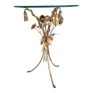 Italian Gilt Iron Floral & Tassel Side Table With Glass Top, C. 1950s Holly Regency For Sale