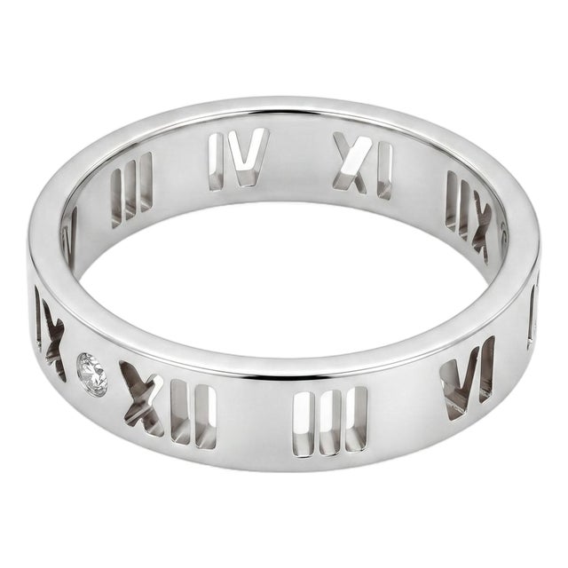 Mid 20th Century Tiffany & Co. 18k White Gold Diamond Atlas Roman Numerals Band, Size 9 For Sale