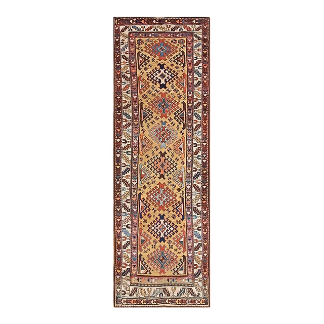 1890s Yellow Diamond Antique Caucasian Kuba Rug 3'6"x 10'0" Handknotted Wool Carpet For Sale