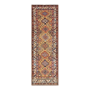 1890s Yellow Diamond Antique Caucasian Kuba Rug 3'6"x 10'0" Handknotted Wool Carpet