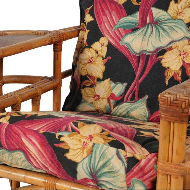 1950s Rare MCM Stepped Rattan Sofa Chair Ottoman Livingroom Set W/ Built in End Tables For Sale - Image 11 of 15