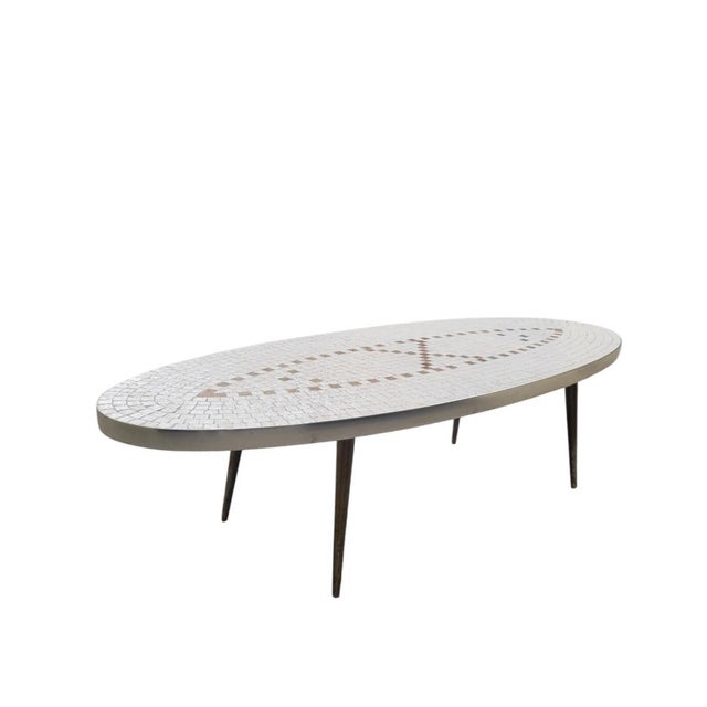 White Vintage Mid-Century Modern Oval Mosaic White Bronze Tile Coffee Table For Sale - Image 8 of 12