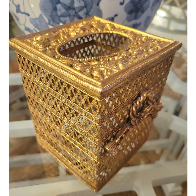 Dorothy Draper Vintage Gold Hollywood Regency Dorothy Draper Braided Tassel Metal Tissue Box Holder Cover For Sale - Image 4 of 4
