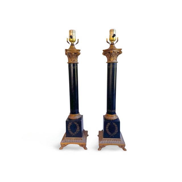 Hollywood Regency Vintage Stiffel Neoclassical Column Black & Gilt Column Table Lamps - a Pair For Sale - Image 3 of 12