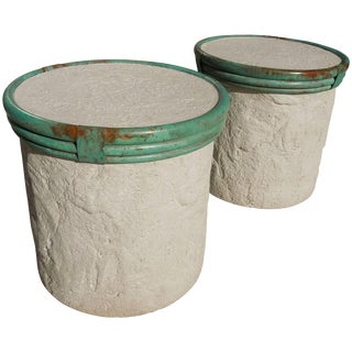 Plaster and Verdigris Metal Cylinder Side Tables by Steve Chase - a Pair For Sale