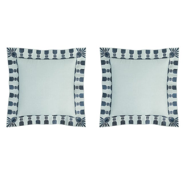 Tassel Embroidered Linen Pillow, Sky Blue & Navy, 24 "x 24", Pair For Sale In Charlotte - Image 6 of 11