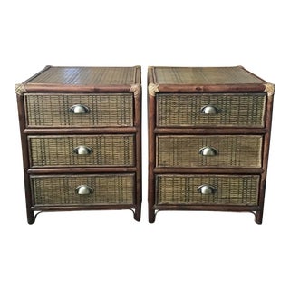 Boho Chic Rattan Three Drawer Nightstands - a Pair For Sale