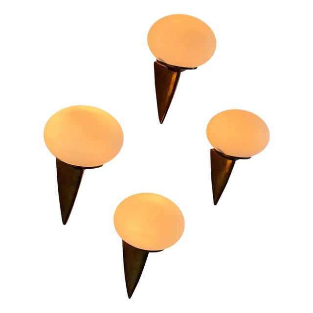Italian Lancia Wall Sconces in Brass and Opaline Glass from Stilux Milano, 1960s, Set of 4 For Sale