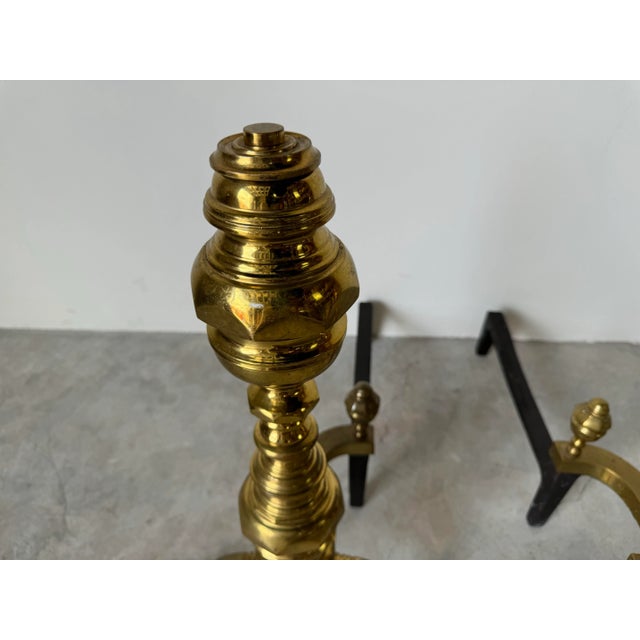Pair of Vintage American Brass & Metal Andirons With Claw and Ball Feet For Sale In Miami - Image 6 of 12