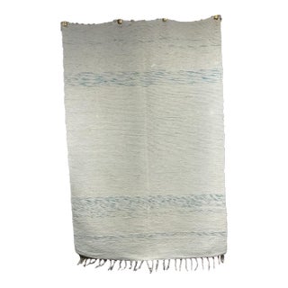 Vintage American Rag Rug, Handwoven Wool & Cotton, Ivory & Blue Stripe Pattern, 3x4 For Sale