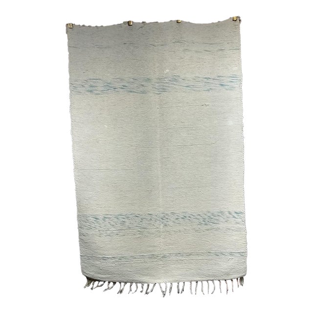 Vintage American Rag Rug, Handwoven Wool & Cotton, Ivory & Blue Stripe Pattern, 3x4 For Sale