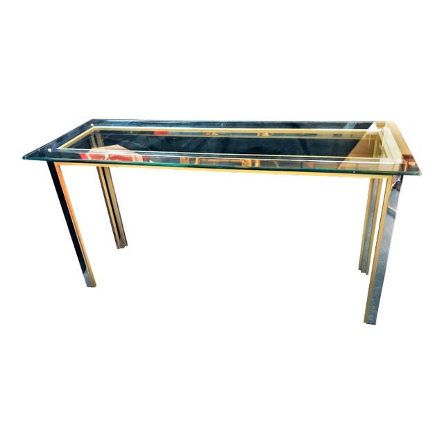 Mid-Century Modern Mastercraft Style Brushed Brass and Chrome Console Table For Sale
