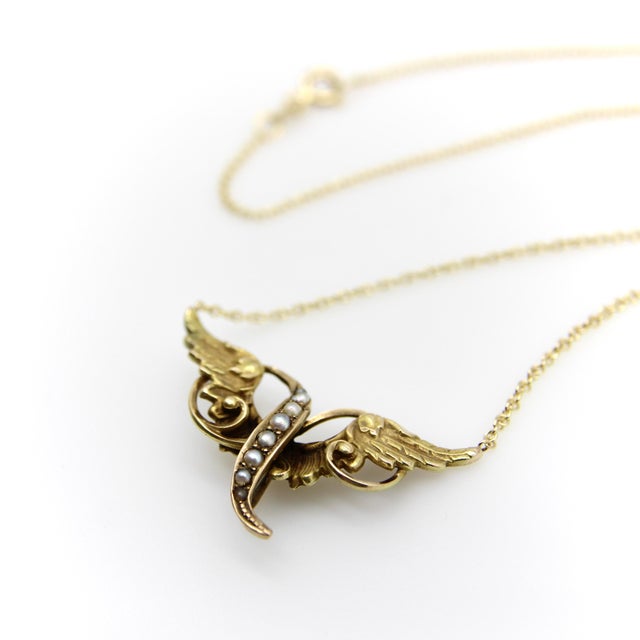 Late 19th Century Victorian 14k Gold Angel Winged Necklace With Seed Pearls For Sale - Image 4 of 9