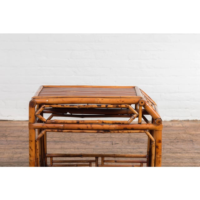 Chinese Chinese Vintage Bamboo Tiered Side Table with Slanted Front and Fretwork Motifs For Sale - Image 3 of 13