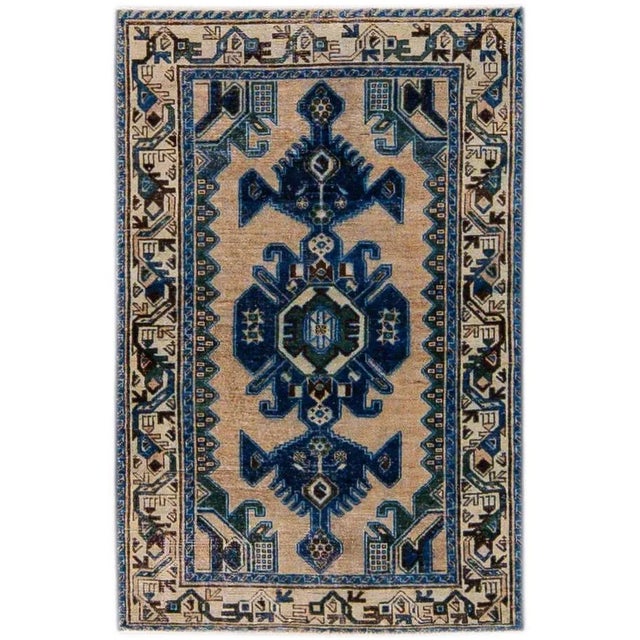 Textile Vintage Distressed Beige Geometric Wool Rug For Sale - Image 7 of 7