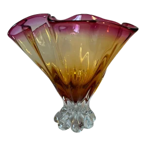 Art Glass Ruffled Vase Clear Base Amber Cranberry Ombre Effect