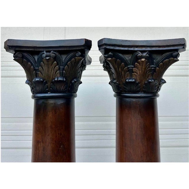 Contemporary Pair of Custom Vintage Wooden Corinthian Column Pedestals With Capitals For Sale - Image 3 of 18