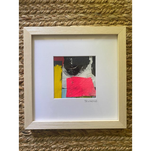 Mixed media collage on paper, matted to 4 x 4 and framed in a 9 x 9 natural wooden frame behind framer's quality...