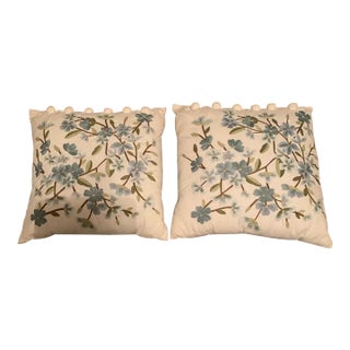 Blue Cherry Blossom Embroidered Pillows With Decorative Accents- Set of 2 For Sale
