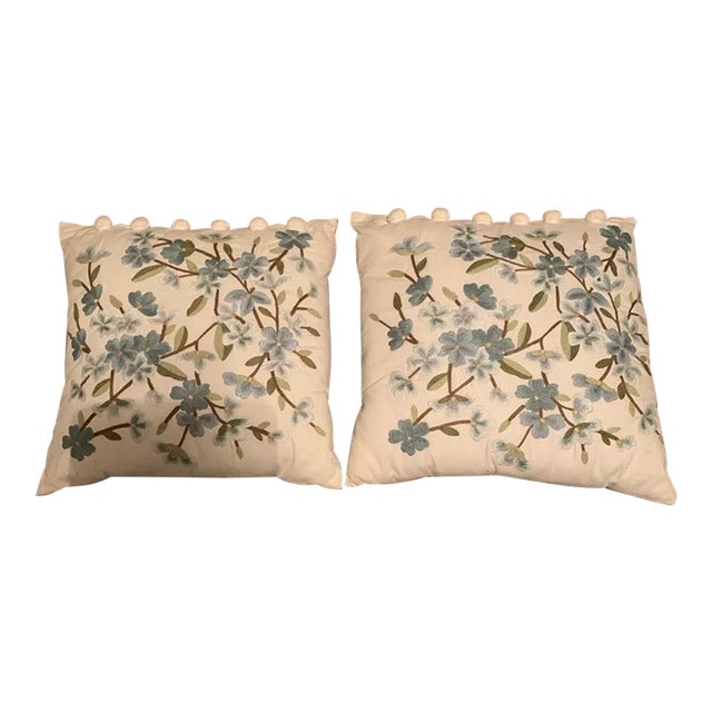 Blue Cherry Blossom Embroidered Pillows With Decorative Accents- Set of 2 For Sale
