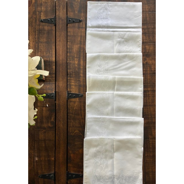 White Vintage White Damask - Organza Napkin Set of 7 Woven Floral and Scroll Pattern White For Sale - Image 8 of 12