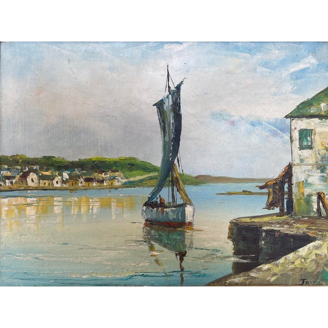 vintage painting with an overall patina, featured a serene boat on the water with tones of blues and greens. Dimensions....