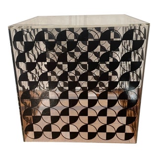 Mid 20th Century Vintage Acrylic Cube Side Table With Op Art Checkerboard Circle Pattern For Sale