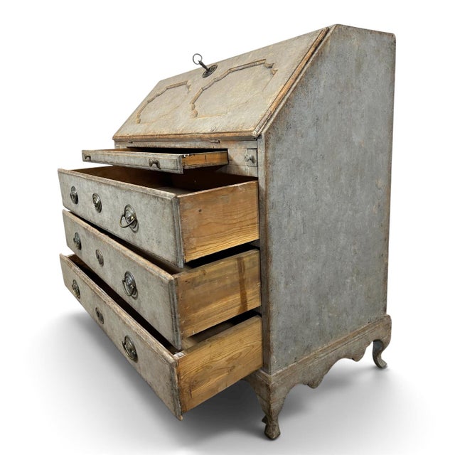 Wood Antique Swedish Secretary in Brass and Pine For Sale - Image 7 of 13