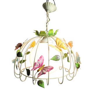 Italian Polychrome Tole Chandelier With Butterfly Motif Circa 1960's For Sale