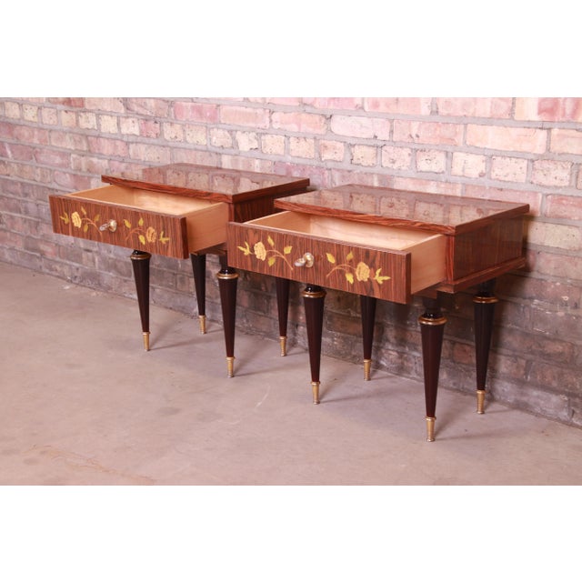 Brown French Art Deco Macassar Ebony Inlaid Marquetry Nightstands, Circa 1950s For Sale - Image 8 of 13