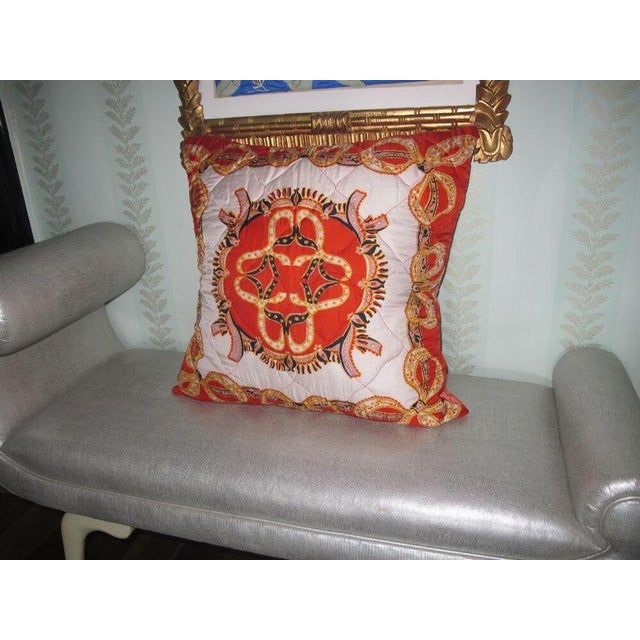 This is a handmade pillow envelope constructed from a quilted, vintage, Hermes-style, silk twill scarf, with a coral,...