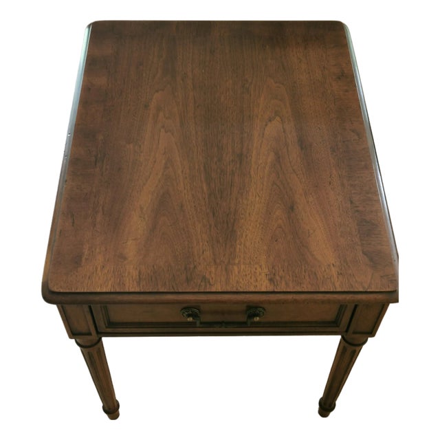 1960s Vintage Henredon Nightstand Side Table, Mid Century Modern Campaign Bedside Table, Brass Pulls For Sale