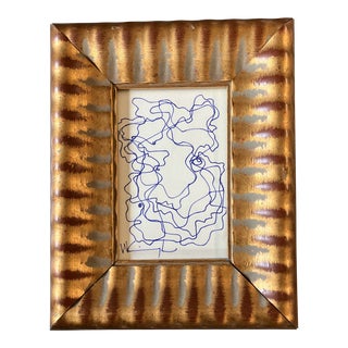 1980’s Original Wayne Cunningham Small Abstract Blue Ink Drawing Chunky Gold Frame For Sale