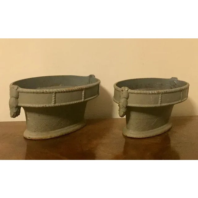 French Art Deco Cast Iron Oval Basket Form Garden Urns - A Pair For Sale - Image 12 of 13