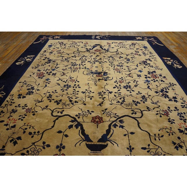 Antique Chinese Peking Rug. Measures: 9' 3'' x 11' 6''. Antique Peking Chinese Floral Black, Ivory Beige Cream White 1920s...