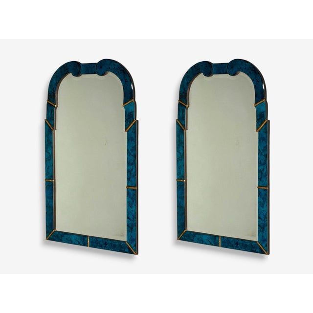 Mid-Century Modern Queen Anne Style, Blue Antiqued Beveled Glass, Venetian Wall Mirrors, 21st C. For Sale - Image 3 of 8