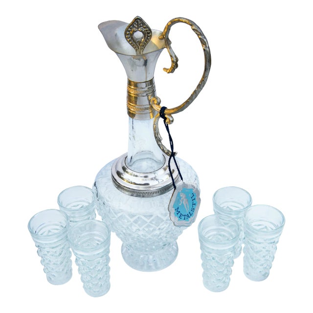 Vintage Crystal Decanter & Glasses, S/7 For Sale