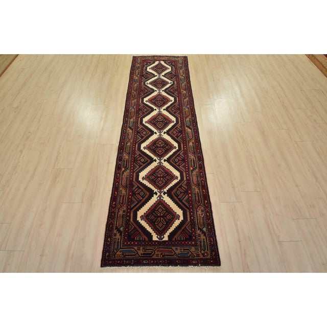 Tribal Hamedan Runner 2’9” X 9’2” Ivory Wool Vintage Tribal Hand-Knotted Rug For Sale - Image 3 of 14