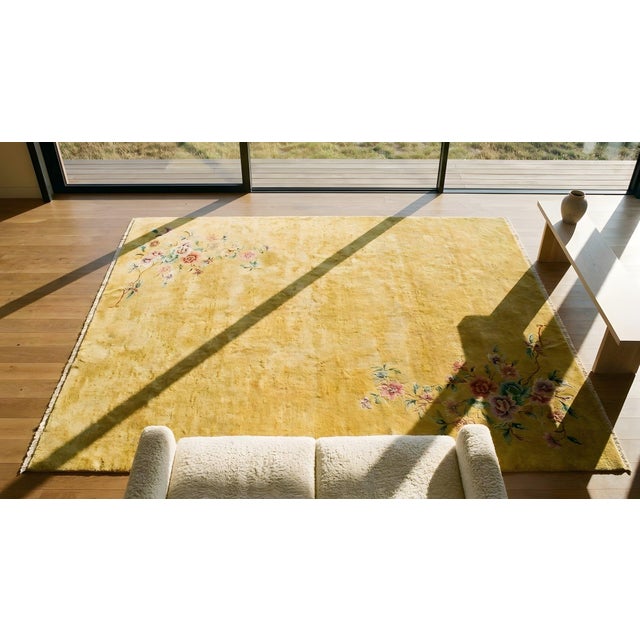 1920s Yellow Gold Open Field Floral Antique Chinese Art Deco Carpet 9' X 11' 4'' Knotted Wool Rug For Sale - Image 11 of 12