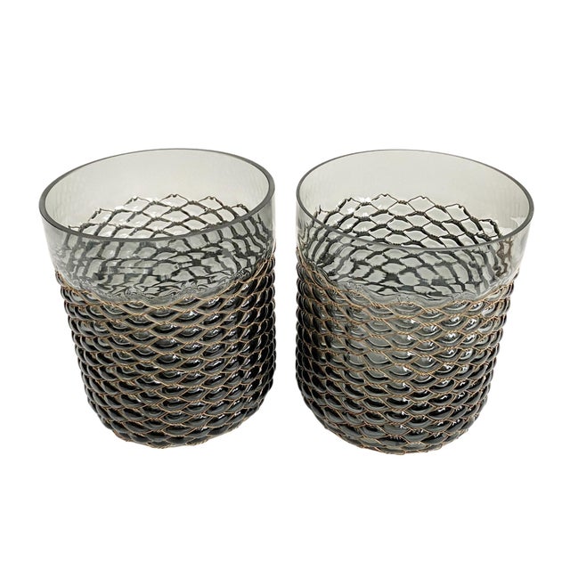 Smokey Transparent Chicken Wire Bubble Glass Pillar Candle Holders / Vases For Sale - Image 4 of 5