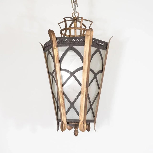 Vintage gilt metal lantern with gold and patinated mixed finishes and glass shade. Origin: Austria Circa: 1960s...