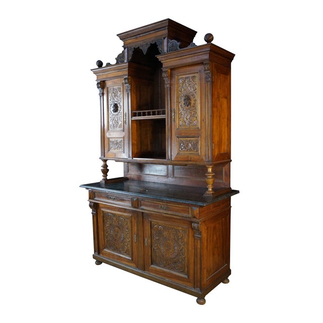Victorian Antique 19th C. French Renaissance Revival Carved Walnut Buffet Hutch Cupboard For Sale - Image 3 of 18