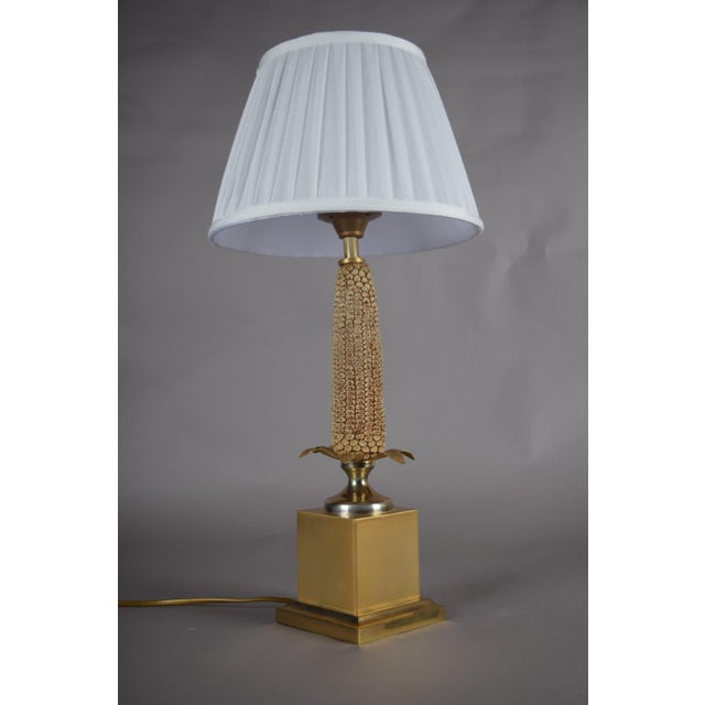 Metal Brass Corn Table Lamp with White Pleated Shade, 1970s For Sale - Image 7 of 14