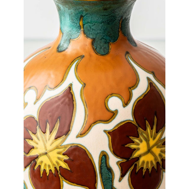 Green Art Deco Dutch Gouda Pottery Table Lamps with Silk Lampshade, 1920s, Set of 2 For Sale - Image 8 of 15