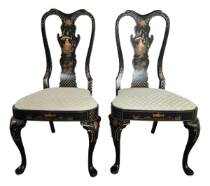 Vintage Custom Dining Room Side Chairs Chinoiserie Black Lacquer Pan Asian- a Pair