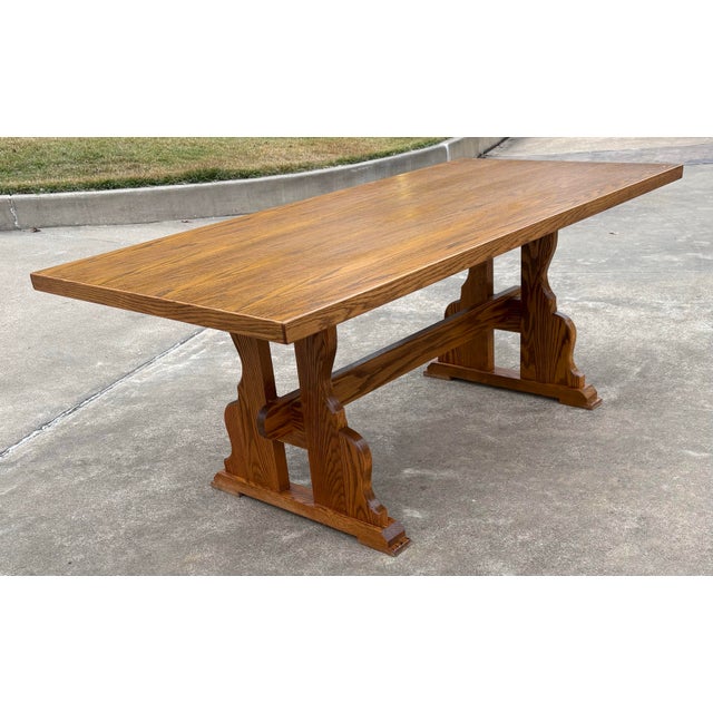 Love this very nice Dutch brutalist trestle farme table. Solid oak with nice design!
