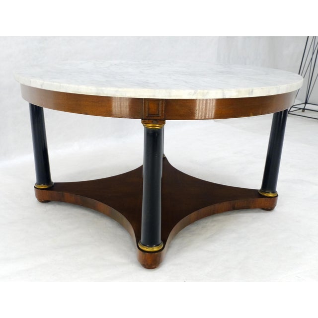 Henredon Round Marble Top Neoclassical Black Lacquer Pedestal Style Leg Coffee Table For Sale - Image 4 of 13