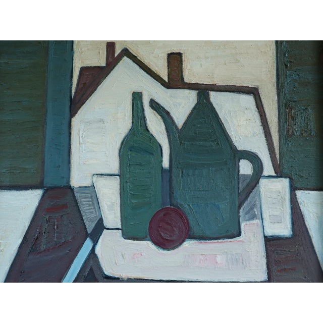 Green Mid-Century Modern 'Green Vessels & House Form' Abstract Still Life Oil Painting by Swedish Artist Max Gregor Carlsson (1914-1996), Framed For Sale - Image 8 of 14